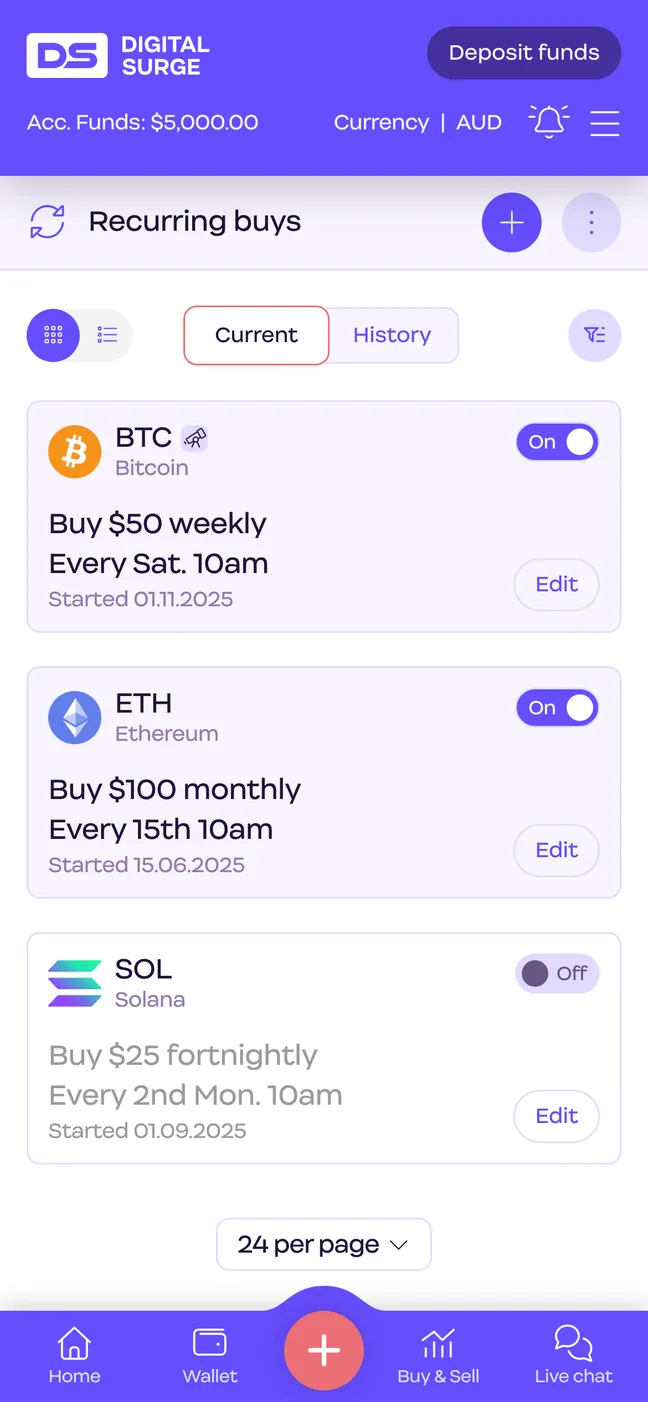 Recurring buys in the Digital Surge app