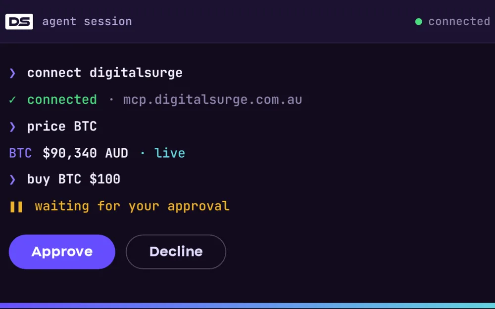 AI agent session placing a Digital Surge trade that waits for approval