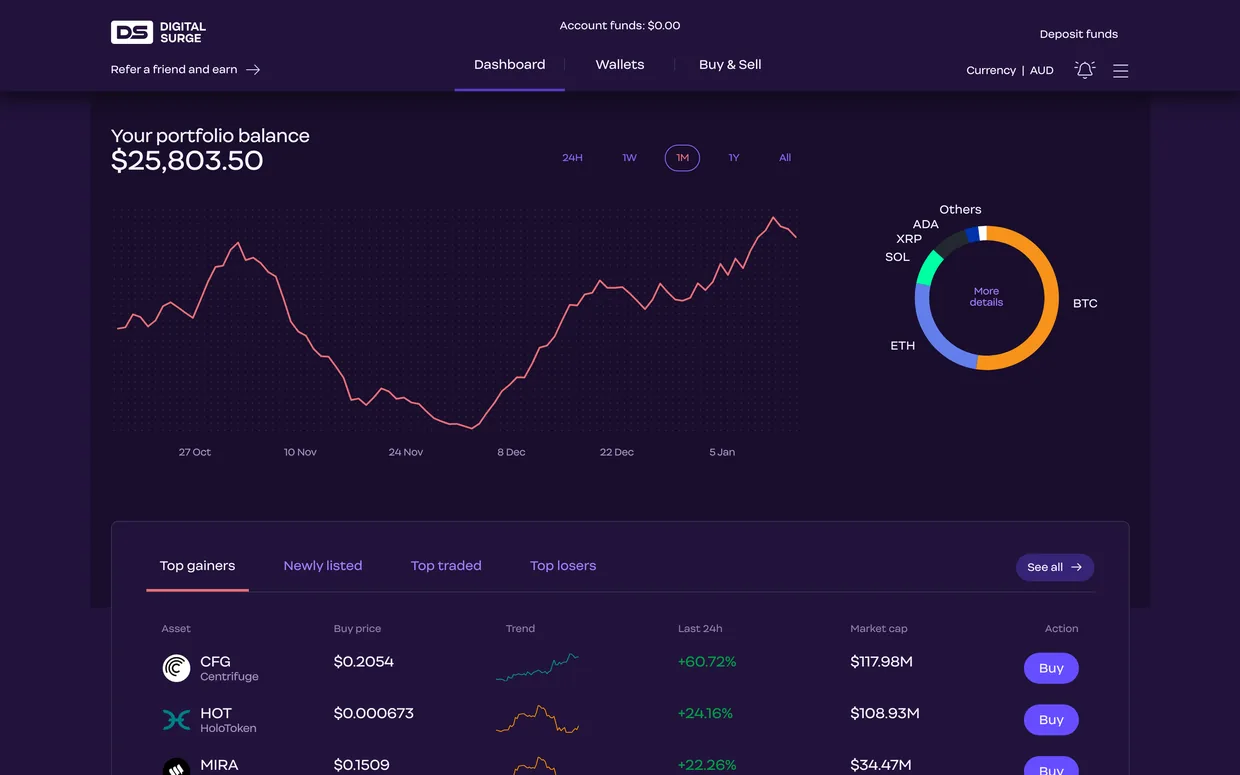 Digital Surge desktop dashboard showing holdings and balances, dark mode
