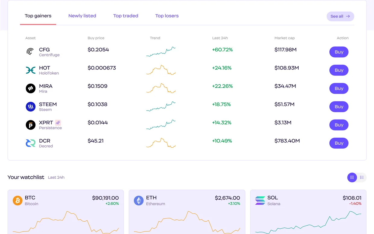 Digital Surge desktop markets screen showing top gainers, light mode