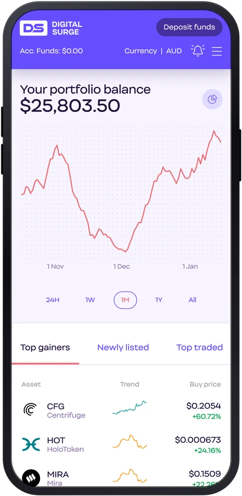Digital Surge mobile app dashboard showing holdings, light mode