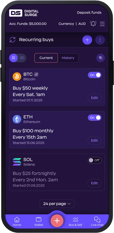 Digital Surge mobile app recurring buys screen, dark mode