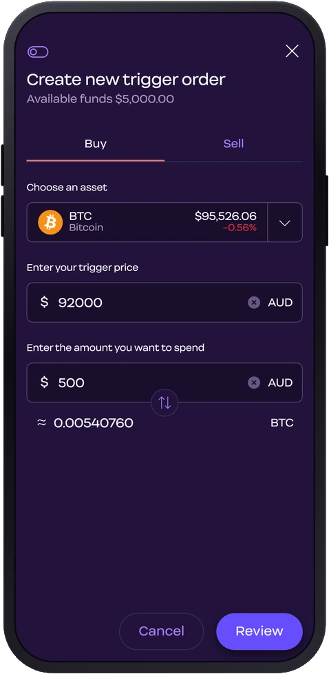 Digital Surge mobile app trigger orders screen, dark mode