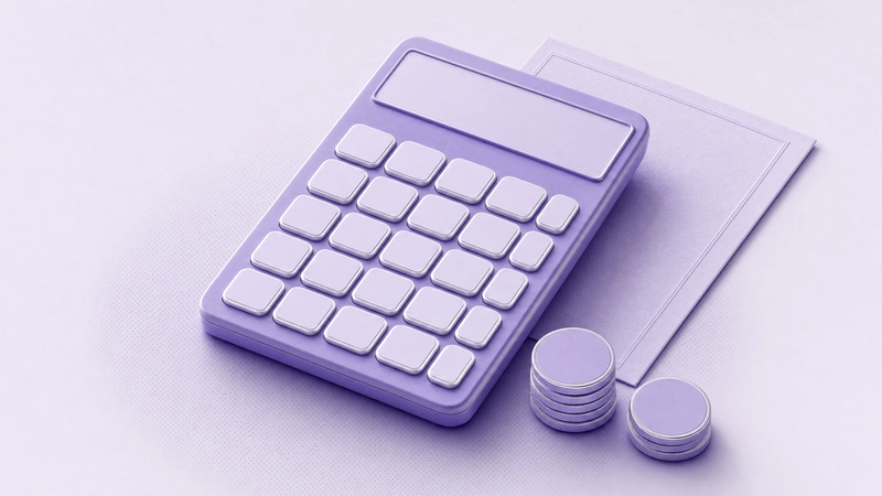 A violet calculator with lavender keys beside a document and coin stacks