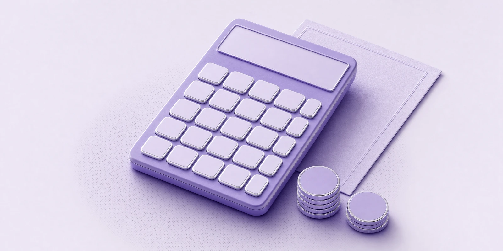 A violet calculator with lavender keys beside a document and coin stacks