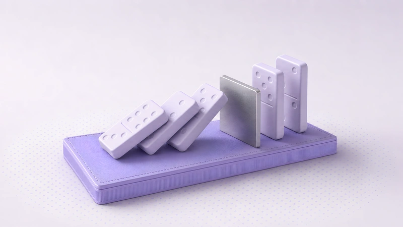 Five dominoes with embossed pips toppling toward a silver stop block