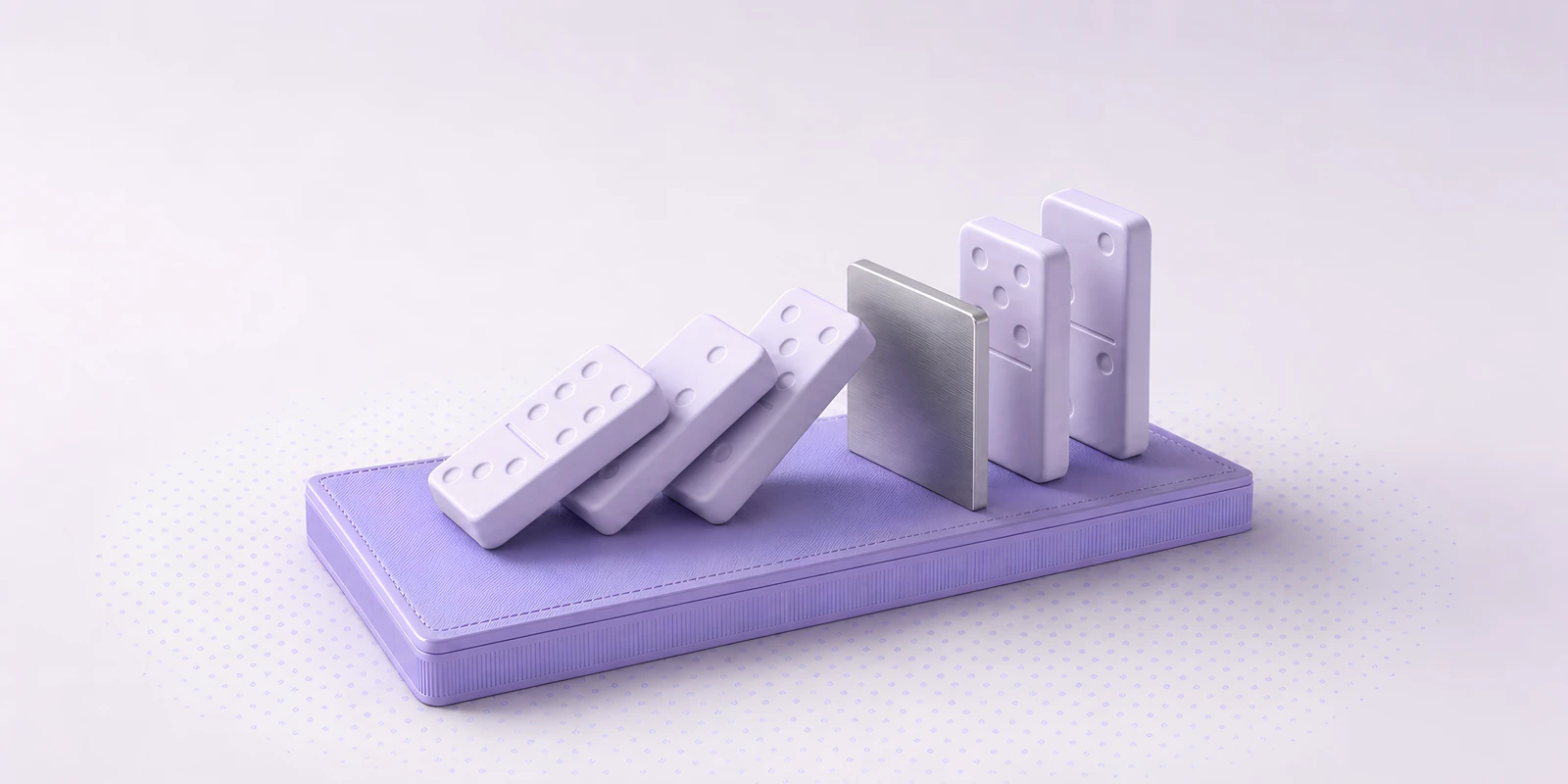 Five dominoes with embossed pips toppling toward a silver stop block