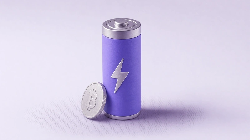 A violet battery with a silver lightning bolt and a Bitcoin coin at its base