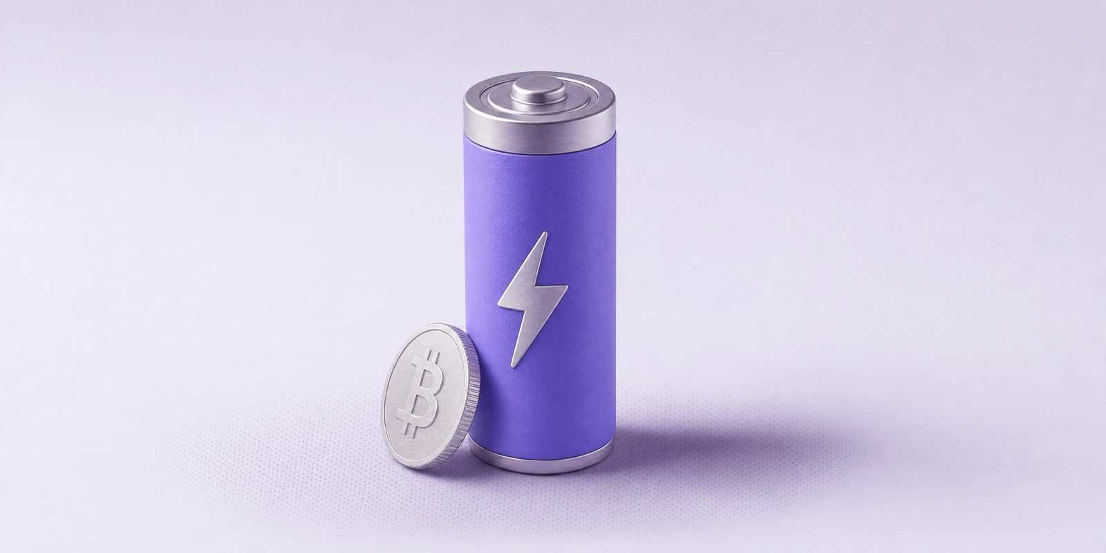A violet battery with a silver lightning bolt and a Bitcoin coin at its base
