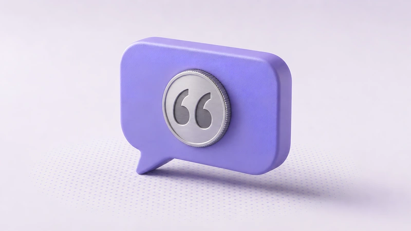 A violet speech bubble holding a silver disc engraved with quotation marks