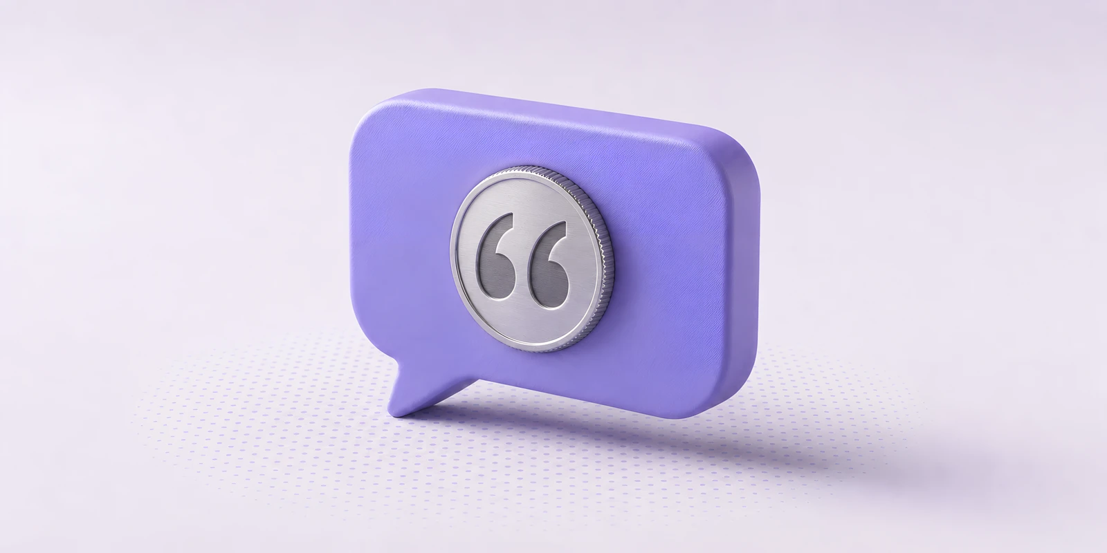 A violet speech bubble holding a silver disc engraved with quotation marks