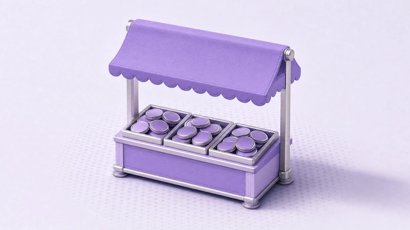 A miniature market stall with trays of violet coins under a scalloped awning