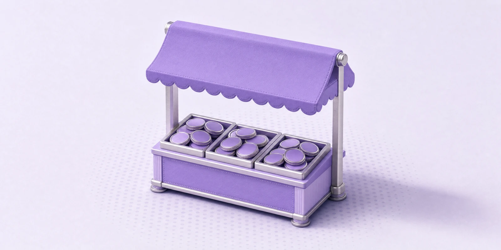 A miniature market stall with trays of violet coins under a scalloped awning