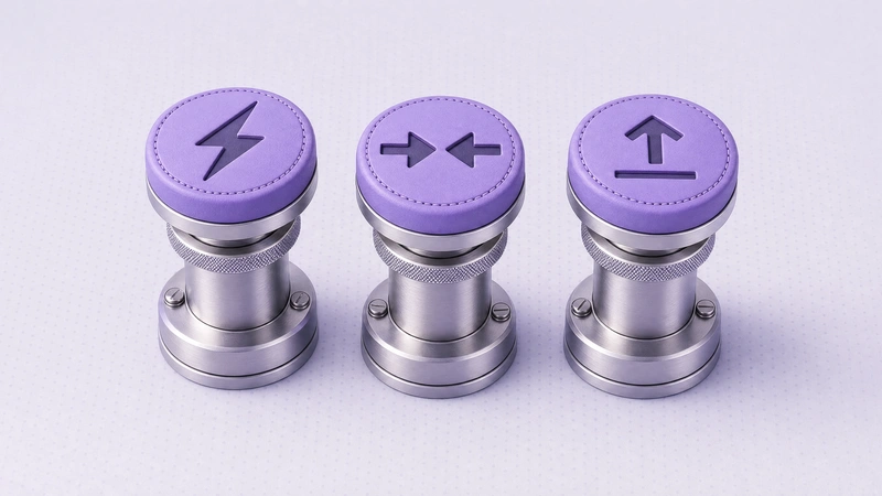 Three violet buttons on silver pedestals engraved with order glyphs