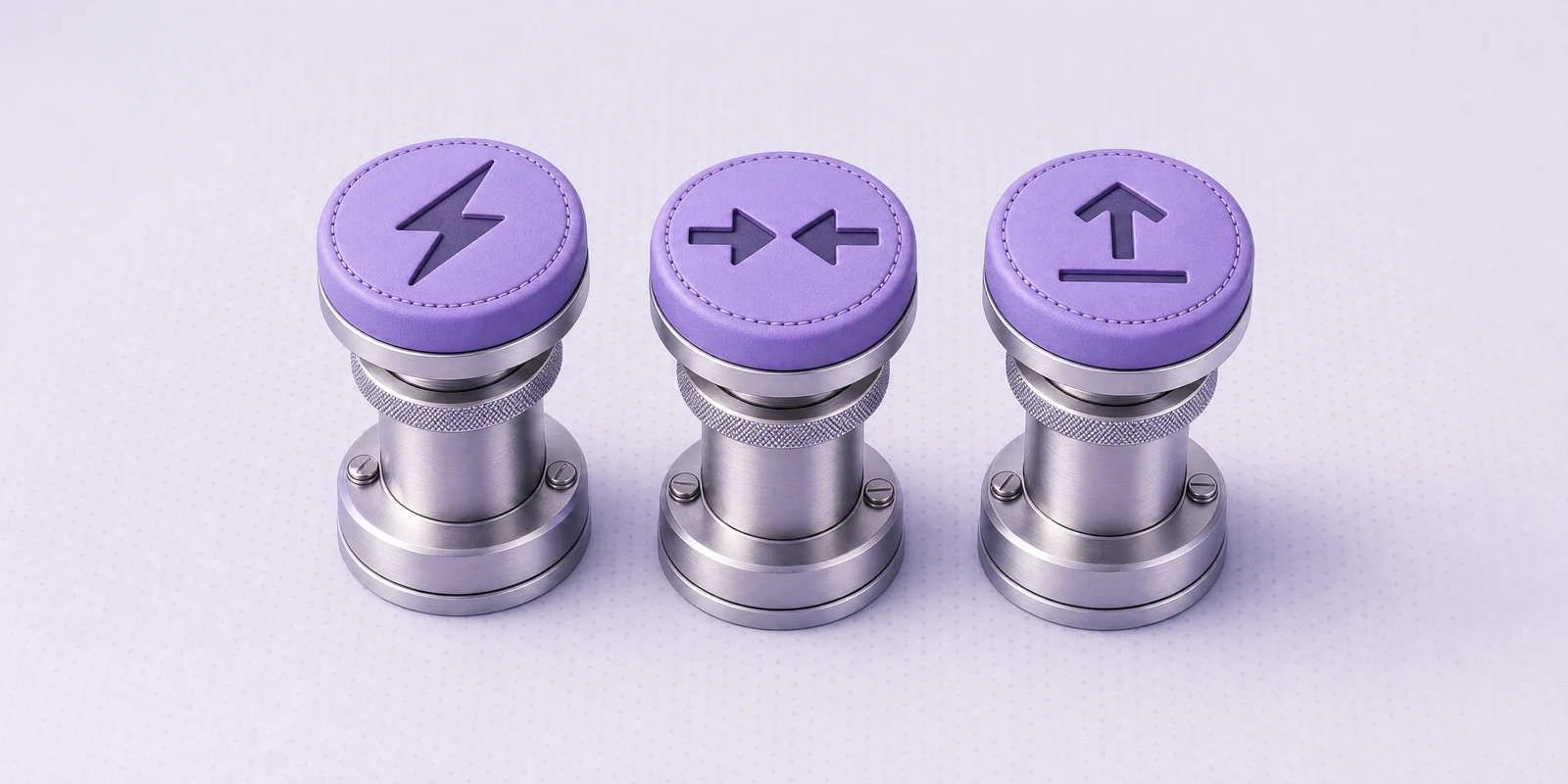 Three violet buttons on silver pedestals engraved with order glyphs