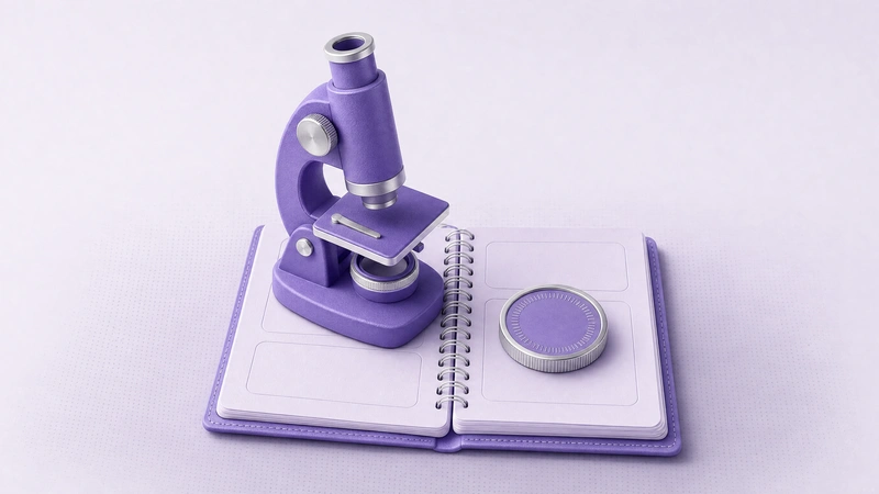 A violet microscope standing on an open workbook beside a coin
