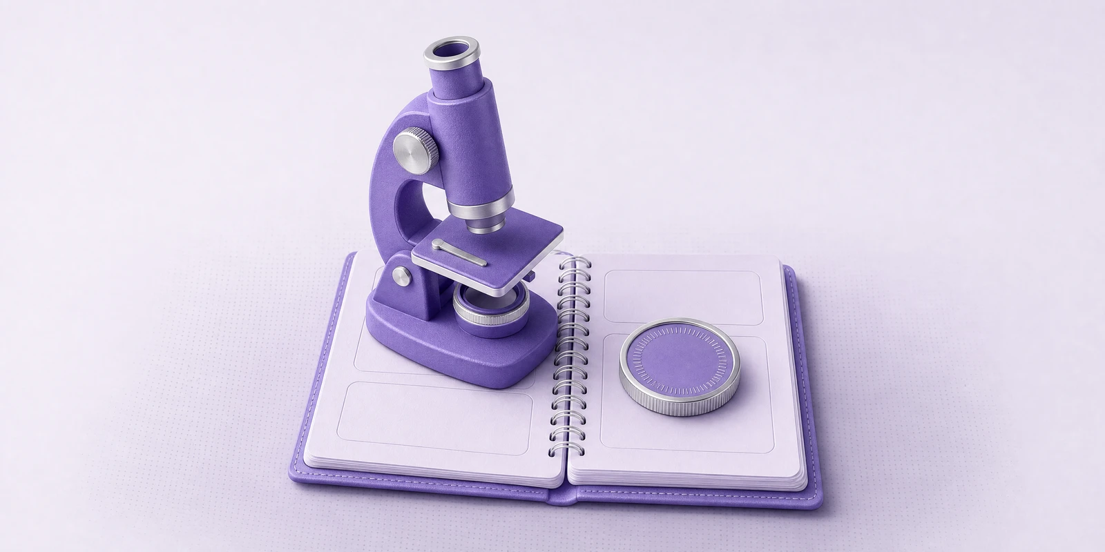A violet microscope standing on an open workbook beside a coin