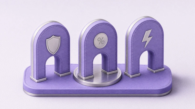 Three gateway arches marked with a shield, a percent coin and a lightning bolt, the centre one raised on a selection ring