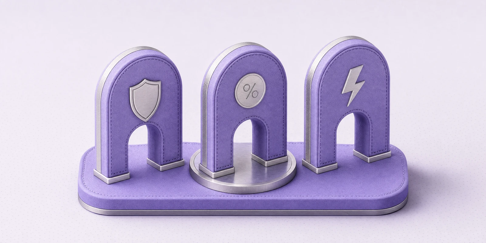 Three gateway arches marked with a shield, a percent coin and a lightning bolt, the centre one raised on a selection ring
