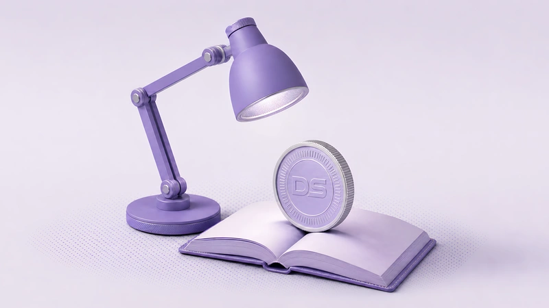 A violet desk lamp lighting an open book with a coin standing on the pages