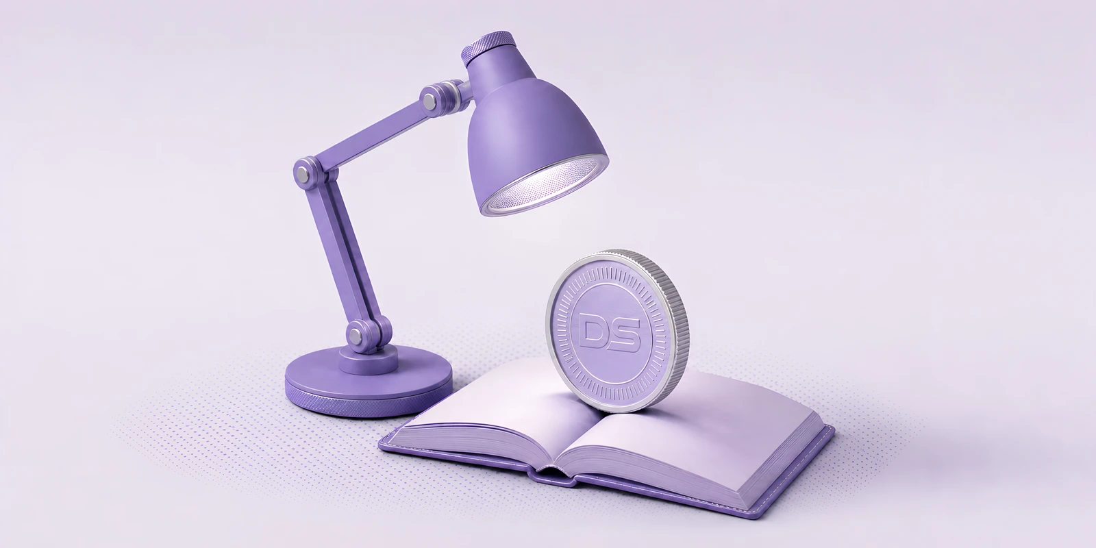 A violet desk lamp lighting an open book with a coin standing on the pages