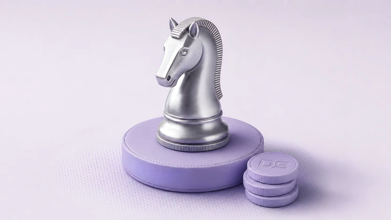 A silver chess knight on a violet plinth beside a small stack of coins