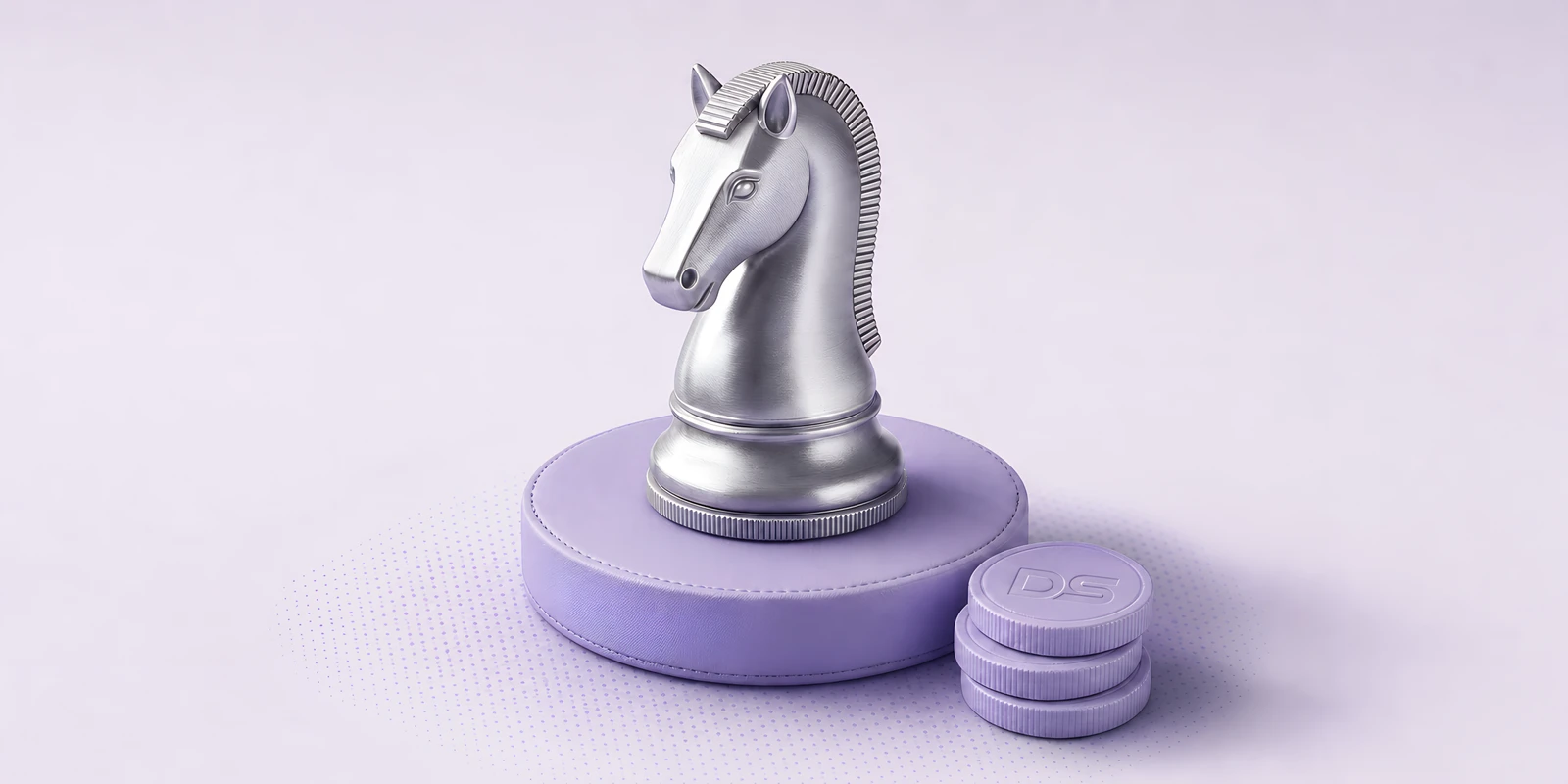 A silver chess knight on a violet plinth beside a small stack of coins