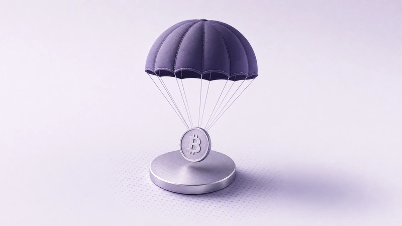 A parachute lowering a Bitcoin coin onto a silver landing plate