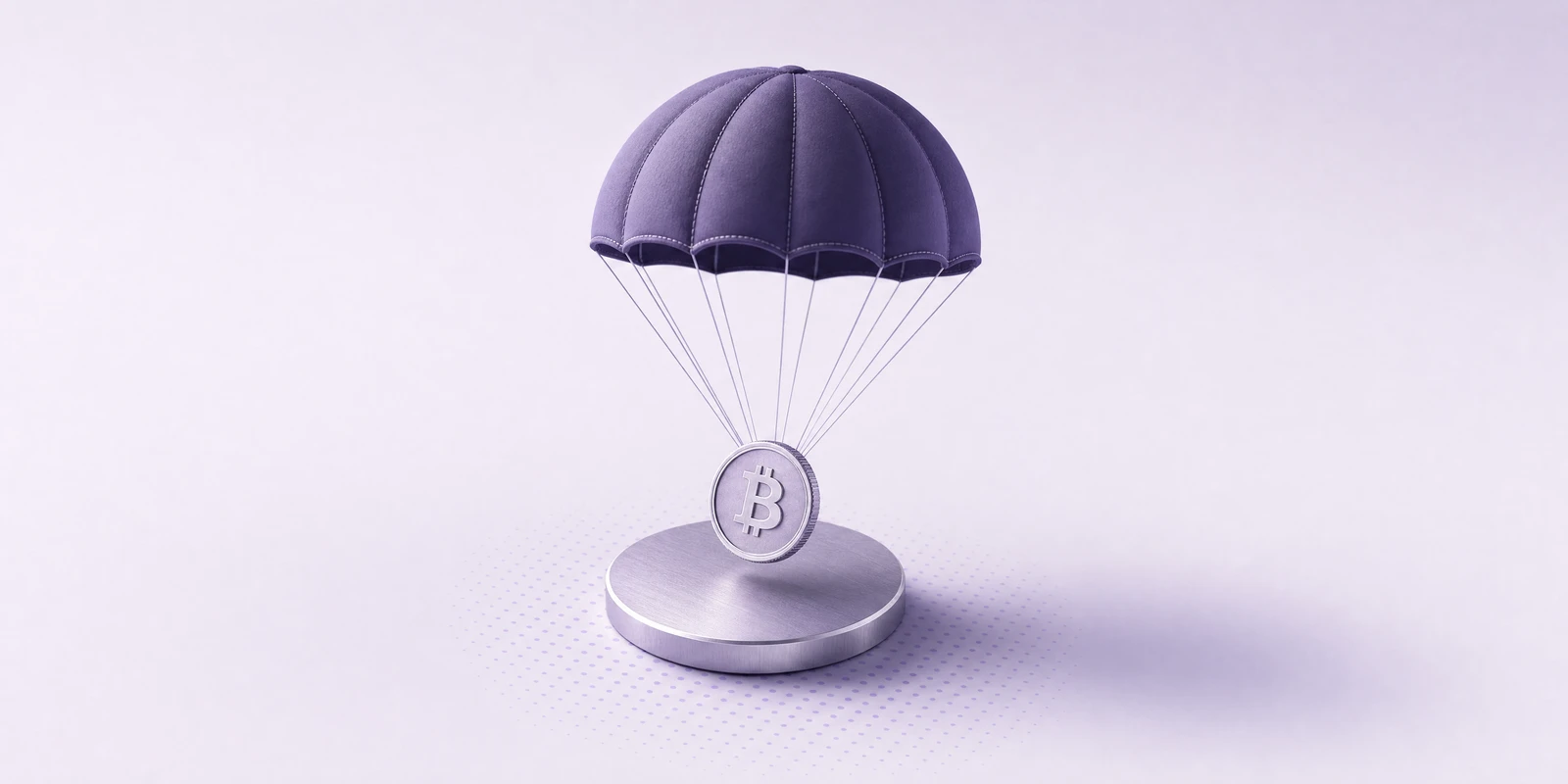 A parachute lowering a Bitcoin coin onto a silver landing plate