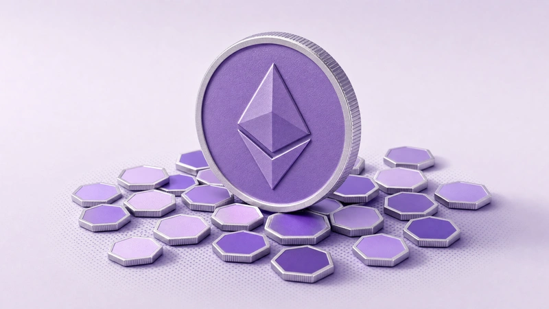 A large Ethereum coin standing among scattered violet hexagonal tokens