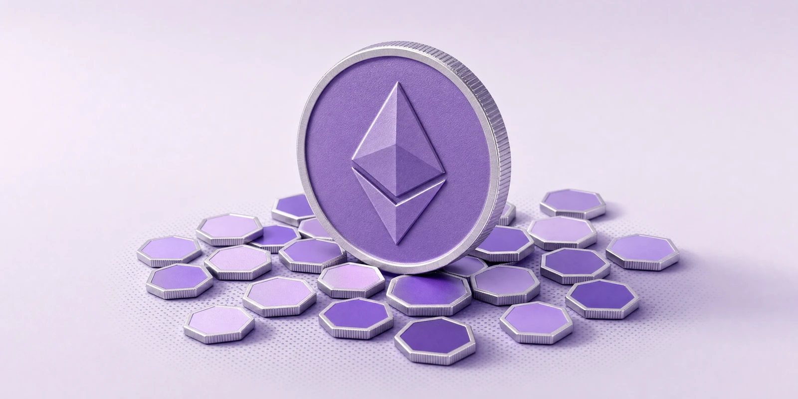 A large Ethereum coin standing among scattered violet hexagonal tokens