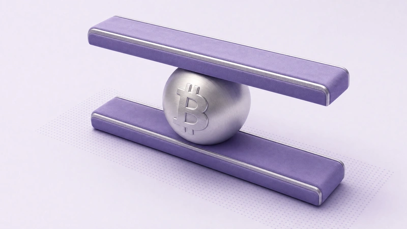 A Bitcoin sphere held between two violet rails like floor and ceiling