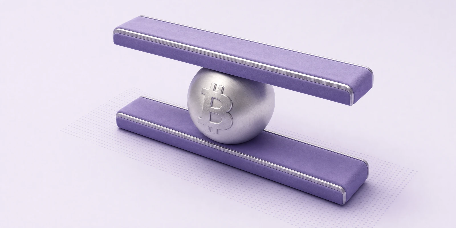 A Bitcoin sphere held between two violet rails like floor and ceiling