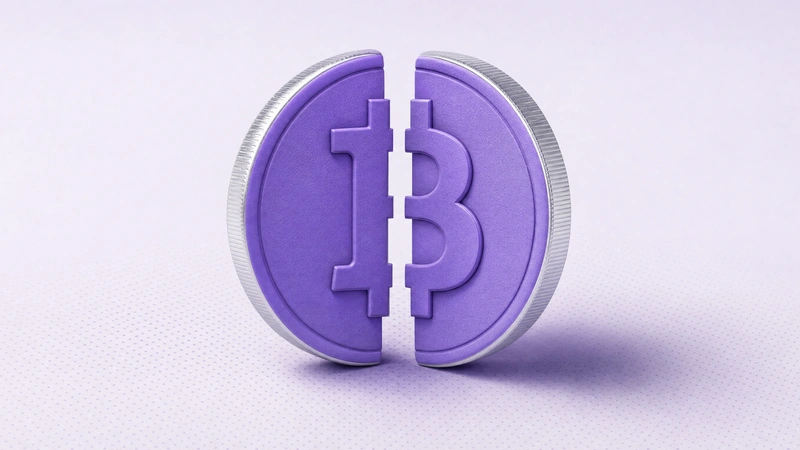 A violet coin split into two halves with the Bitcoin mark divided across the cut