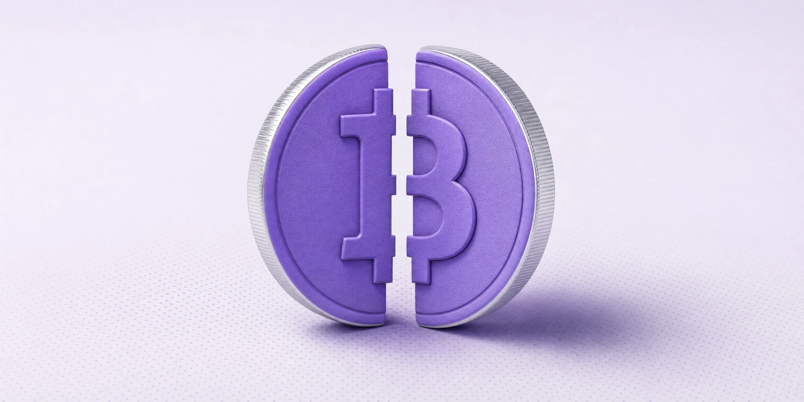 A violet coin split into two halves with the Bitcoin mark divided across the cut