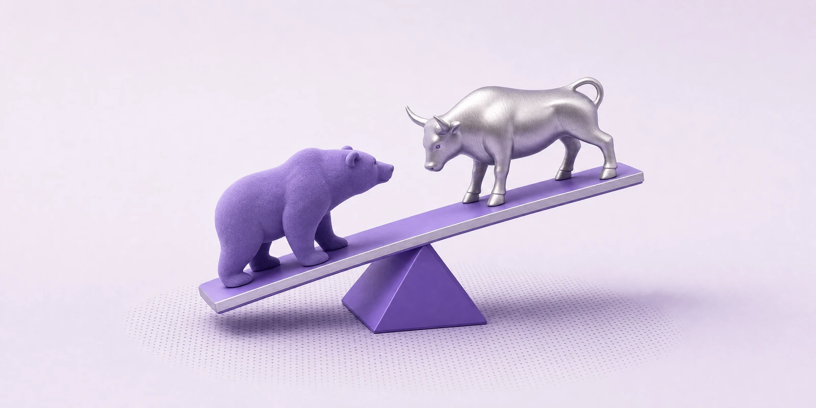 A flocked violet bear and satin silver bull balanced on a seesaw