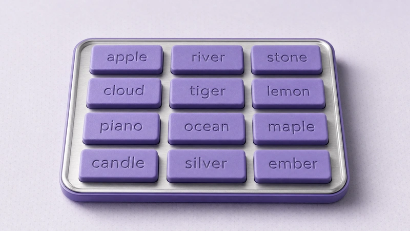 Twelve violet plates on a silver tray, each engraved with a recovery word