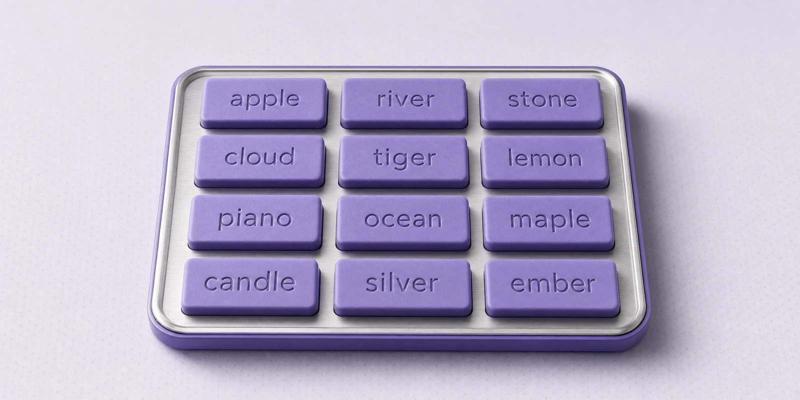 Twelve violet plates on a silver tray, each engraved with a recovery word