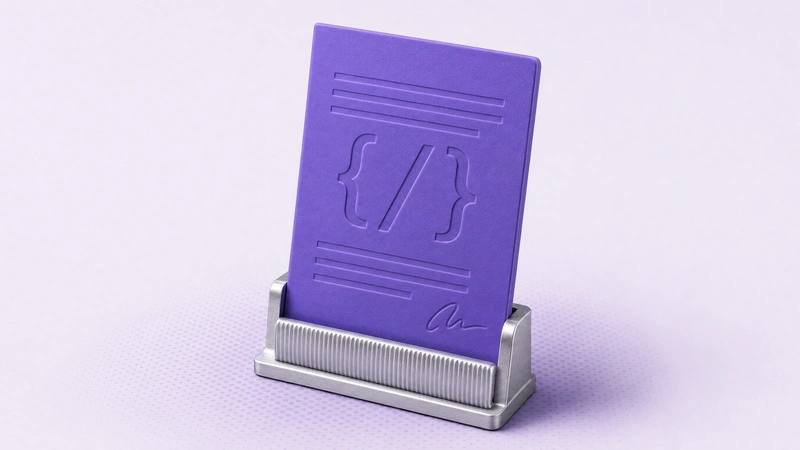 A violet contract page embossed with code brackets in a silver clip