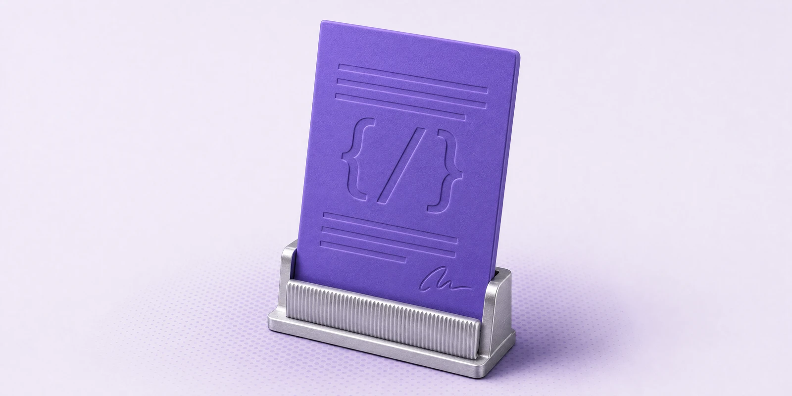 A violet contract page embossed with code brackets in a silver clip