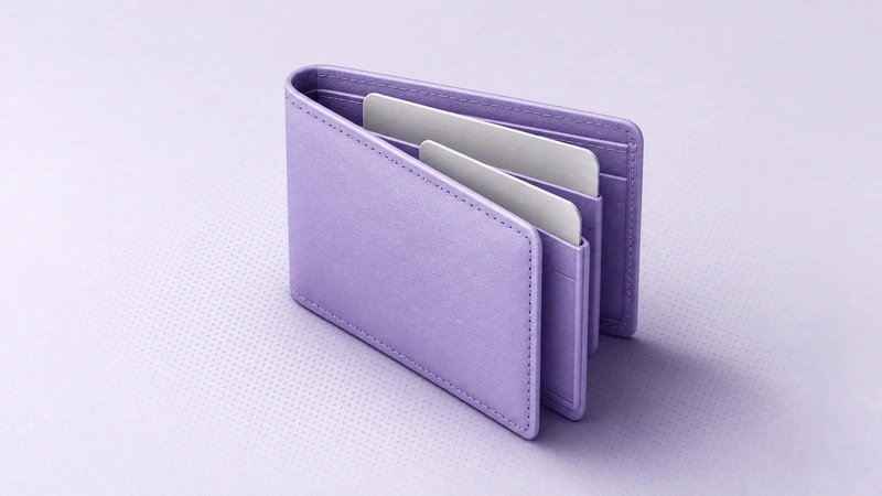 A violet leather bifold wallet standing open with two blank cards