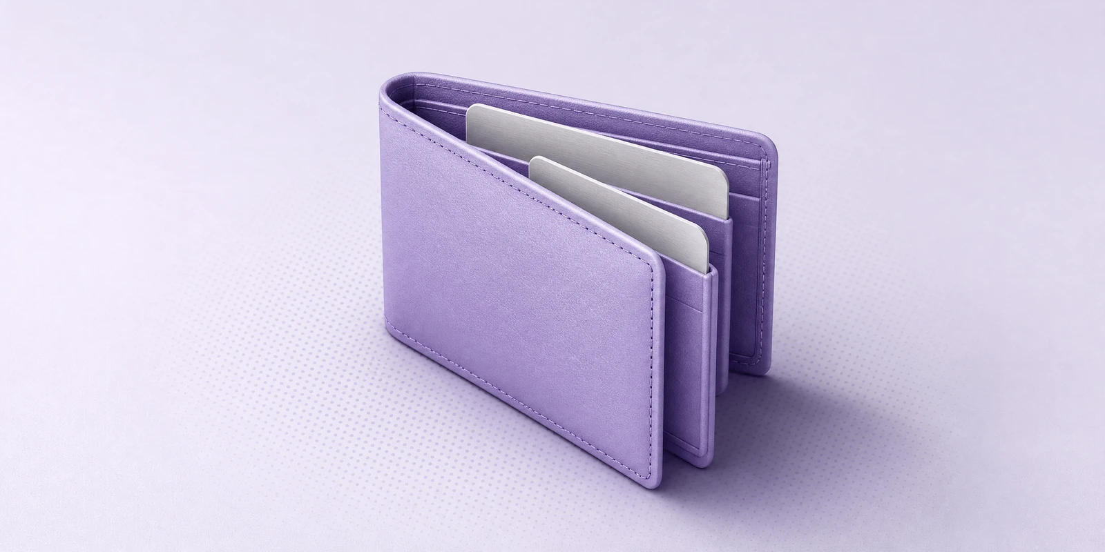 A violet leather bifold wallet standing open with two blank cards