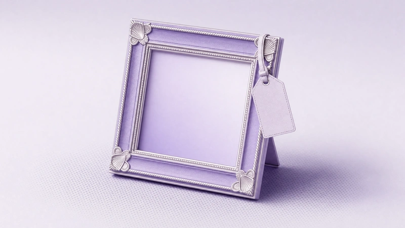 An ornate violet frame holding a gradient canvas with a swing tag