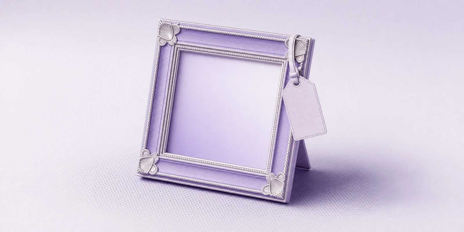 An ornate violet frame holding a gradient canvas with a swing tag