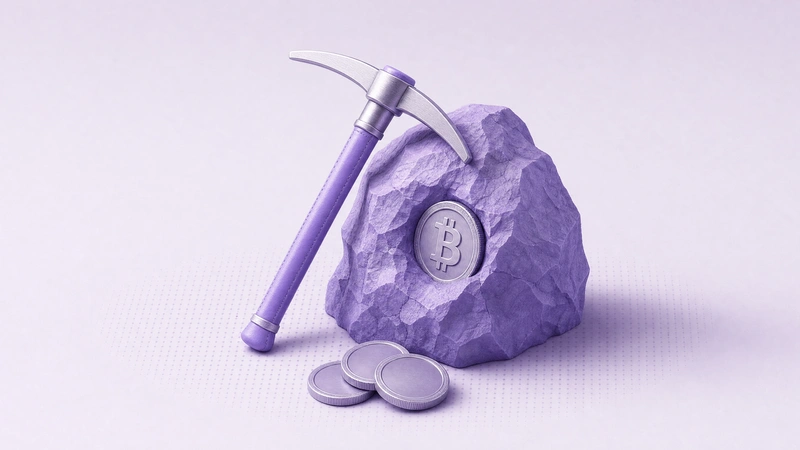 A pickaxe leaning on a violet boulder with an embedded Bitcoin coin