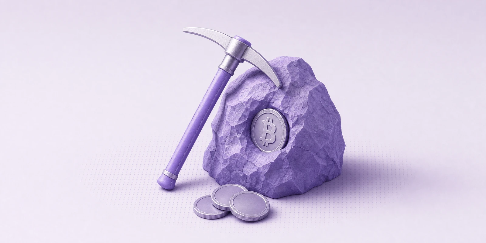 A pickaxe leaning on a violet boulder with an embedded Bitcoin coin