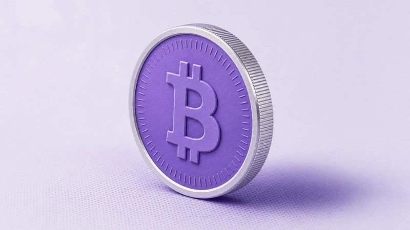 A minted coin with a violet face and embossed Bitcoin symbol standing at a slight angle