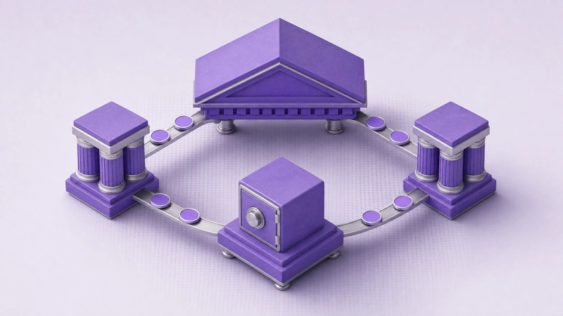 A classical bank opened into floating modules with coins flowing between them