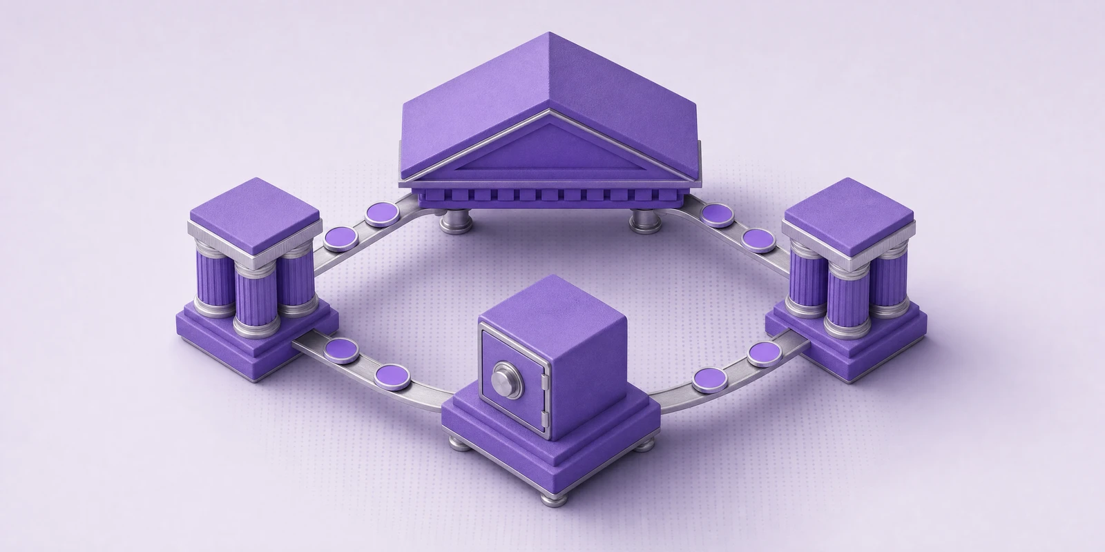 A classical bank opened into floating modules with coins flowing between them