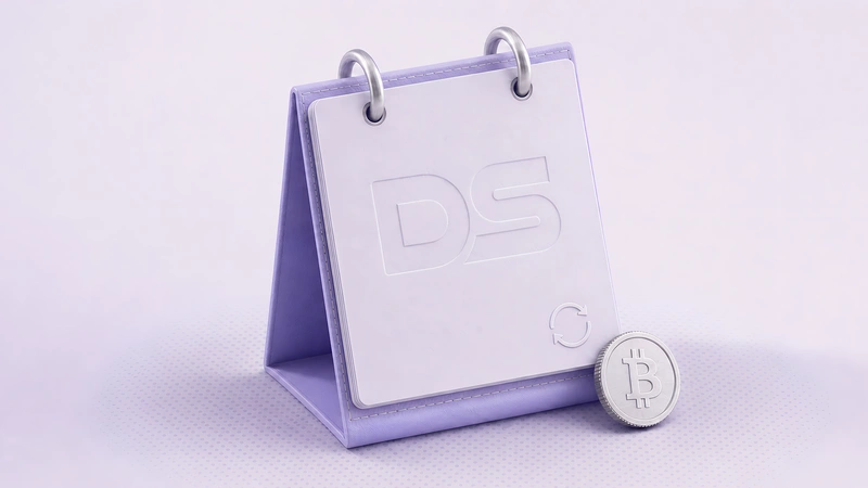 A desk calendar with a DS watermark and a Bitcoin coin leaning against it